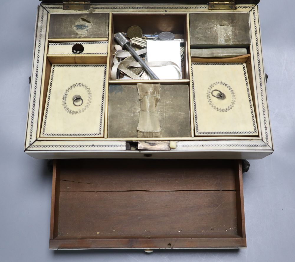 An early 19th century Anglo-Indian Vizagapatam dressing table box, of sarcophagus form, with lion paw feet, width 27cm